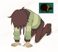 1other all_fours brown_hair brown_pants commentary deltarune english_commentary full_body game_screenshot_inset green_hoodie highres hood hoodie kris_(deltarune) long_sleeves other_focus pants reference_inset short_hair solo striped_clothes striped_hoodie szivarvanyturmix02