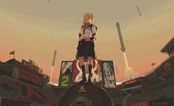 1girl anarchy_symbol backpack bag black_gloves black_socks blonde_hair blue_eyes boots breasts crop_top crop_top_overhang cyberpunk elbow_pads full_body gloves gun hair_over_one_eye high_side_ponytail highres long_hair midriff_peek muranomiro navel neckerchief original pleated_skirt red_neckerchief rocket sailor_collar school_uniform science_fiction serafuku side_ponytail sketch skirt sky small_breasts socks solo standing stomach weapon