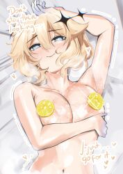 1girl @_@ absurdres blonde_hair blue_eyes blush breasts english_text food fruit highres kaneko_lumi large_breasts lemon lemon_slice lying motion_lines nude on_back on_bed phase_connect pupi_(rain_prophet) short_hair solo trembling upper_body virtual_youtuber