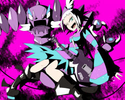 10s boots creatures_(company) drapion game_freak gen_4_pokemon green_eyes guitar gym_leader instrument nintendo pokemon pokemon_(creature) pokemon_bw2 roxie_(pokemon) shirt striped_clothes striped_shirt tenkomori_(bug_kura) topknot