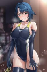 Rule 34 | 1girl, absurdres, adversarial noise, awono nanaumi, black gloves, breasts, city, city lights, commentary, commentary request, competition swimsuit, condom, elbow gloves, fukami nana (awono nanaumi), gloves, hair flaps, heavy breathing, highleg, highleg one-piece swimsuit, highres, holding, holding condom, large breasts, multicolored swimsuit, one-piece swimsuit, original, skindentation, swimsuit, thighhighs, two-tone swimsuit, watermark, window