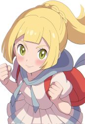 Rule 34 | 1girl, backpack, bag, blonde hair, blush, clenched hands, closed mouth, collarbone, eyelashes, green eyes, hands up, highres, lillie (pokemon), long hair, nakikot t, nintendo, pleated skirt, pokemon, pokemon sm, ponytail, red bag, shirt, short sleeves, simple background, skirt, smile, solo, white background