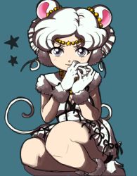 1990s_(style) animal_ears bishoujo_senshi_sailor_moon bishoujo_senshi_sailor_moon_sailor_stars blush boots gloves grey_eyes jewelry looking_at_viewer mouse_ears mouse_tail ribbon sailor_iron_mouse sitting smile tail twintails white_hair