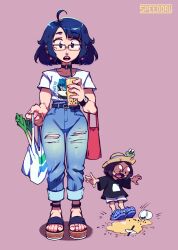 2girls absurdres ahoge bag belt black-framed_eyewear black_belt black_eyes black_hair black_shirt blue_footwear blue_hair bubble_tea choker collarbone crocs cup denim drinking_straw earrings elbow_carry familymart floating_earrings frog glasses highres holding holding_bag holding_cup jeans jewelry looking_at_viewer matsumoto_gogo matsumoto_nono multiple_girls pants plastic_bag punch_punch_forever! rectangular_eyewear round_eyewear sandals shirt short_hair short_sleeves siblings sisters speedoru spill spring_onion standing teeth torn_clothes torn_jeans torn_pants upper_teeth_only white_shirt
