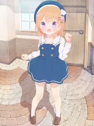 Rule 34 | 1girl, 22m, absurdres, beret, blue dress, blue hat, blush, breath, brown shoes, commentary request, dress, flower, full body, gochuumon wa usagi desu ka?, hair flower, hair ornament, hairclip, hat, highres, hoto cocoa, long sleeves, open mouth, orange hair, outdoors, purple eyes, shadow, shoes, short hair, socks, solo, standing, white sleeves, white socks