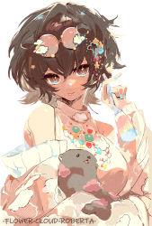 1girl :p alternate_costume animal arknights bare_shoulders blue_nails brown_eyes brown_hair character_name chinese_commentary closed_mouth cloud_hair_ornament commentary_request eyewear_on_head glasses hair_between_eyes hand_up highres holding holding_animal holding_brush ling_s long_sleeves looking_at_viewer makeup_brush medium_hair nail_polish off_shoulder otter roberta_(arknights) round_eyewear shirt simple_background sleeveless sleeveless_shirt solo sparkle sweater tongue tongue_out turtleneck upper_body white_background white_sweater