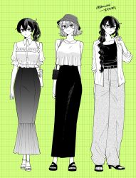 3girls alternate_costume alternate_hairstyle blazer braid bucket_hat casual frilled_shirt frills full_body green_background greyscale grid_background hat highres jacket kaga_(kancolle) kantai_collection long_skirt machi_(ritovoyage) monochrome multiple_girls mutsu_(kancolle) nagato_(kancolle) open-toe_shoes pants shirt side_ponytail single_braid skirt spot_color standing twitter_username
