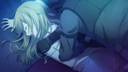 1boy 1girl ambush antenna_hair arm_behind_back arm_strap back bare_shoulders belt_pouch black_gloves blonde_hair blue_shorts bulletproof_vest carpet closed_eyes fukuda_tomonori game_cg gloves grey_jacket hair_down hand_on_another&#039;s_shoulder hand_on_floor helmet highres holding_another&#039;s_wrist immobilization indoors jacket koujiro_frau long_hair loungewear lying messy_hair non-web_source official_art on_person on_stomach open_mouth pouch restrained robotics;notes screaming shirt shorts shoulder_grab shouting strap_pull tactical_clothes tank_top white_shirt white_tank_top