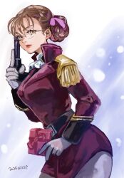 Rule 34 | 1girl, belt, breasts, brown eyes, brown hair, commentary request, cropped legs, epaulettes, glasses, gundam, gundam wing, hair bun, highres, lady une, okrdisk2000, single hair bun, smile, solo, white background