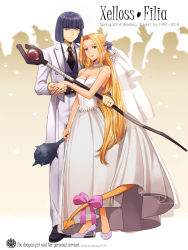 10s 1990s_(style) 1997 1boy 1girl 2014 artist_name bite_mark blonde_hair blue_eyes bow character_name choker copyright_name couple crosier dated dress filia_ul_copt flower formal_clothes full_body hair_flower hair_ornament holding_hands hetero high_heels highres jewelry long_hair lyxu mace necktie one_eye_closed pink_bow pointy_ears purple_flower purple_hair purple_rose retro_artstyle ribbon ring rose shoes slayers slayers_try smile spiked_mace spikes staff standing suit tail tail_bow tail_ornament veil wedding wedding_dress white_dress wink xelloss