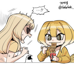 ! ...! 2girls artist_name artist_self-insert black_sclera blonde_hair bob_cut brown_eyes chopsticks collarbone colored_sclera cup_ramen eating food gecko gegegekman gradient_hair highres holding holding_chopsticks jacket leopard_gecko_(gegegekman) lizard lizard_tail long_hair motion_lines multicolored_hair multiple_girls noodles open_mouth original personification reptile_girl shirt short_sleeves signature slit_pupils slurping speed_lines spoken_exclamation_mark surprised sweatdrop tail white_shirt yellow_jacket
