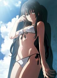1girl against_wall artist_request bikini black_hair blue_sky breasts cloud cowboy_shot front-tie_bikini_top front-tie_top green_eyes groin hand_on_wall hand_up inanaki_shiki long_hair narrow_waist navel shadow side-tie_bikini_bottom sky small_breasts smile sunlight swimsuit very_long_hair white_bikini