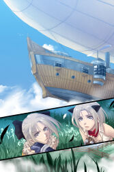 2girls aircraft airship alchemist_(ragnarok_online) bandana black_bow blacksmith_(ragnarok_online) blonde_hair blue_gloves blue_sky bow brown_eyes cloud commentary_request day dirigible fingerless_gloves fur_collar gloves hair_bow mr.romance multiple_girls open_mouth outdoors ragnarok_online red_bandana shirt short_hair siblings sisters sky sleeveless sleeveless_shirt twins upper_body white_shirt