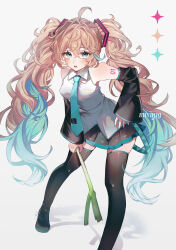 1boy absurdres ahoge antenna_hair aqua_hair cosplay crossdressing detached_sleeves gender_request hair_ornament hatsune_miku hatsune_miku_(cosplay) highres long_hair looking_at_viewer miviy19 necktie open_mouth shirt skirt solo thighhighs twintails very_long_hair vocaloid