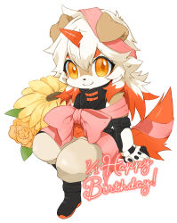 1boy arknights black_boots black_shirt boots chibi closed_mouth colored_tips commentary_request dated flower furry furry_male happy_birthday highres horns hung_(arknights) komainu_boy komainu_ears komainu_tail looking_at_viewer male_focus multicolored_hair pants pink_ribbon ribbon shimauma_(zebra_vz) shirt single_horn sitting sleeveless sleeveless_shirt smile white_background white_pants