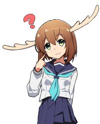 1girl :3 ? absurdres antlers aqua_neckerchief blue_neckerchief blue_sailor_collar blue_skirt breasts brown_hair closed_mouth commentary deer_antlers deer_girl finger_to_face green_eyes highres horns long_sleeves looking_at_viewer medium_breasts neckerchief rokochandayo sailor_collar school_uniform serafuku shikanoko_noko shikanoko_nokonoko_koshitantan shirt short_hair skirt solo transparent_background upper_body white_shirt