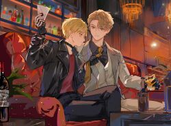 2boys absurdres alcohol axis_powers_hetalia blonde_hair bottle chandelier choker clothes_grab couch cubed_(houkuaid) cup facial_hair france_(hetalia) goatee_stubble green_eyes highres holding holding_cup holding_letter jacket letter male_focus multiple_boys necktie necktie_grab neckwear_grab on_couch purple_eyes shirt short_hair sitting smile stubble table thick_eyebrows united_kingdom_(hetalia) wine_bottle yaoi