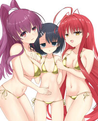 3girls :d =_hair_ornament absurdres ahoge alternate_costume bikini black_hair blue_eyes blush breast_envy breast_press breasts breasts_apart bububugsan cleavage collarbone commentary covered_erect_nipples cowboy_shot double_v dracu-riot! eyelashes eyes_visible_through_hair gluteal_fold gold_bikini groin hair_between_eyes hair_intakes hair_ornament hairclip halterneck hand_on_another&#039;s_stomach hands_up highres holding_hands inamura_rio large_breasts light_blush long_hair looking_at_viewer medium_breasts medium_hair mera_azusa multiple_girls navel open_mouth ponytail purple_hair red_eyes red_hair shaded_face side-tie_bikini_bottom sidelocks simple_background small_breasts smile stomach swimsuit thighs triangle_mouth v v-shaped_eyebrows very_long_hair white_background yarai_miu yellow_eyes