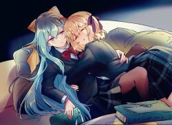 2girls ahoge anisphia_wynn_palettia black_jacket black_pantyhose black_ribbon black_skirt blonde_hair blue_hair book bow bowtie closed_eyes closed_mouth collared_shirt commentary_request contemporary couch cushion euphyllia_magenta hair_ribbon holding holding_book hug jacket long_hair medium_hair multiple_girls on_couch pantyhose parted_lips pen plaid_clothes plaid_skirt pleated_skirt purple_eyes qqwan120 red_bow red_bowtie ribbon shirt skirt smile tensei_oujo_to_tensai_reijou_no_mahou_kakumei white_shirt yellow_ribbon yuri
