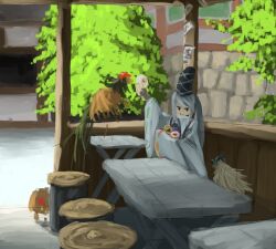 Rule 34 | 1girl, bird, black eyes, black hat, chicken, closed mouth, commentary request, day, donut, food, hat, indoors, japanese clothes, kariginu, long hair, long sleeves, mononobe no futo, ponytail, ribbon-trimmed sleeves, ribbon trim, ritsuzou, robe, smile, solo, stool, table, tate eboshi, touhou, tree, upper body, white robe, wide sleeves, window