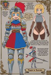 1girl :d absurdres armor basedbinkie blonde_hair blue_eyes bob_cut brown_thighhighs english_text flayne_(basedbinkie) full_armor gauntlets helmet highres holding holding_polearm holding_weapon knight looking_at_viewer multiple_views open_mouth original pauldrons polearm short_hair shoulder_armor shoulder_plates smile spear thighhighs weapon