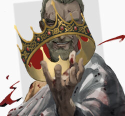 1boy askeladd beard blonde_hair blood blood_on_clothes blood_on_face blood_on_hands crown eshino_makiya00 facial_hair gem gold_crown hand_up highres looking_at_viewer male_focus mustache one_eye_covered outstretched_arm outstretched_hand pointed_crown robe solo teeth upper_body vinland_saga white_robe widow&#039;s_peak