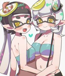 2girls blush breasts callie_(splatoon) callie_(summer_nights)_(splatoon) collarbone earrings fangs food fruit jewelry large_breasts lemon lemon_slice looking_at_viewer looking_back marie_(splatoon) marie_(summer_nights)_(splatoon) mole mole_under_eye multiple_girls navel nintendo oyster pointy_ears renoa_yu shrimp smile splatoon_(series) splatoon_3 strapless suspenders tube_top underboob upper_body white_background yellow_eyes