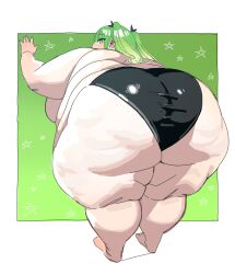 1girl ass black_panties black_ribbon blush cellulite fat fat_woman from_behind green_background green_eyes green_hair hair_ribbon huge_ass ki-da_(ipkcte5b0htjned) leaning_forward medium_hair obese original panties ribbon solo standing thick_arms thick_thighs thighs topless_female twintails underwear wide_hips
