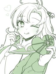 Rule 34 | 1girl, :q, antenna hair, blush, box, candy, chocolate, commentary request, food, green theme, heart, heart-shaped box, highres, holding, holding box, holding candy, holding food, kantai collection, kinugasa (kancolle), long sleeves, looking at viewer, monochrome, nagi kantai114, neckerchief, one eye closed, sailor collar, simple background, solo, tongue, tongue out, upper body