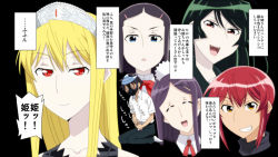 1boy 5girls black_panties blonde_hair blue_eyes blue_panties blush grin hair_ornament hairclip hime_(kaibutsu_oujo) hinoki_(hinoki-buro) hiyorimi_hiro hiyorimi_sawawa kaibutsu_oujo kamura_reiri kneeling long_hair maid masturbation multiple_girls nakua object_on_head orange_eyes panties panties_on_head red_eyes red_hair riza_wildman short_hair slit_pupils smile striped_clothes striped_panties tiara translation_request underwear white_panties