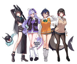 4girls ahoge alternate_costume animal_ears arm_up bag bandaid bandaid_on_leg belle_(zenless_zone_zero) black_hair black_nails black_pantyhose black_shirt black_shoes black_skirt blue_hair blush bow candy collared_shirt colored_inner_hair ellen_joe fins fish_tail food fox_ears fox_girl full_body green_bow green_eyes green_neckerchief heart-shaped_bag high_heels highres holding holding_bag holding_candy holding_food holding_lollipop hoshimi_miyabi loafers lollipop long_hair long_sleeves looking_at_viewer multicolored_hair multiple_girls navel neckerchief open_mouth pantyhose parted_lips pointy_ears purple_bow purple_hair red_eyes red_hair school_uniform shark_girl shark_tail shirt shoes short_hair simple_background skirt smile socks standing stomach streaked_hair tail tailless_(zenless_zone_zero) thigh_strap thighs v very_long_hair vivian_banshee white_background white_hair white_shirt white_shoes white_socks yuna_(deadawon) zenless_zone_zero