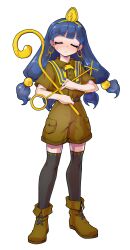 1girl black_thighhighs blue_hair blunt_bangs blush boots brown_boots brown_shirt brown_shorts closed_eyes closed_mouth collared_shirt commentary_request dairi earrings facial_mark facing_viewer fold-over_boots full_body hair_bobbles hair_ornament highres holding holding_staff jewelry key_earrings large_variant_set long_hair looking_at_viewer michigami_nareko shirt short_sleeves shorts solo staff standing sweatdrop tachi-e thighhighs touhou transparent_background triangle triangle_facial_mark v-shaped_eyebrows variant_set