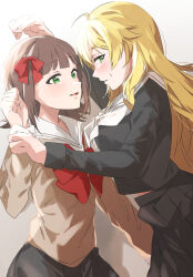 2girls absurdres ahoge amami_haruka arm_up averting_eyes black_shirt black_skirt blonde_hair blush bow brown_hair brown_shirt cowboy_shot face-to-face green_eyes hair_bow hand_up highres hoshii_miki idolmaster idolmaster_(classic) katsu_(kana) long_hair long_sleeves looking_at_another multiple_girls open_mouth pleated_skirt red_bow sailor_collar school_uniform shirt short_hair skirt smile sweatdrop white_sailor_collar yuri