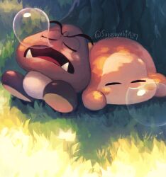 artist_name blush blush_stickers closed_eyes crossover day fangs goomba grass highres kirby_(series) lying mario_(series) nintendo no_humans nose_bubble on_grass on_stomach open_mouth outdoors shade sleeping sleeping_upright suyasuyabi tree tree_shade twitter_username v-shaped_eyebrows waddle_dee