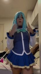 Rule 34 | 1girl, animated, aqua (konosuba), aqua (konosuba) (cosplay), audible music, bare shoulders, blue hair, boots, brazilian (nationality), cosplay, female focus, high heel boots, high heels, indoors, interior, kono subarashii sekai ni shukufuku wo!, long hair, looking at another, looking at viewer, lowres, music, nerokosplayer, no panties, photo (medium), real life, skirt, solo, sound, tagme, teeth, thighhighs, video, white thighhighs
