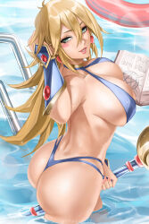 1girl absurdres adapted_costume artist_name ass bikini blonde_hair blue_bikini blush_stickers book bracer breasts cleavage dark_magician_girl earrings female_focus green_eyes heart heart_earrings highleg highleg_bikini highres holding holding_staff innertube jewelry large_breasts looking_at_viewer looking_back micro_bikini pentagram pool pool_ladder sling_bikini_top smile solo staff swim_ring swimsuit telekinesis wading water wtparadise yu-gi-oh! yu-gi-oh!_duel_monsters