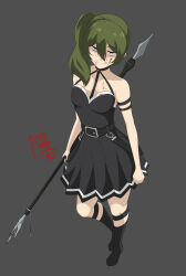 Rule 34 | 1girl, absurdres, armband, arms at sides, bare shoulders, belt, black belt, black dress, blood, blood in hair, blood on chest, blood on clothes, blood on face, boots, breasts, choker, commentary request, dress, full body, green hair, grey background, hair between eyes, heel up, highres, licking lips, long hair, looking at viewer, mage staff, medium breasts, nanziwakamika23, polearm, purple eyes, sanpaku, side ponytail, sleeveless, sleeveless dress, smile, solo, sousou no frieren, tongue, tongue out, ubel (sousou no frieren), upturned eyes, weapon