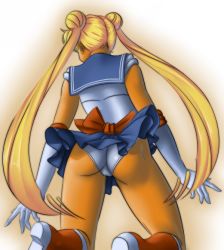 1990s_(style) 1girl ass bad_id bad_pixiv_id bishoujo_senshi_sailor_moon blonde_hair boots double_bun elbow_gloves female_focus from_behind gloves gradient_background hair_bun kneeling long_hair magical_girl panties retro_artstyle sailor_moon skirt solo tan tsukino_usagi twintails underwear upskirt utilizator white_panties