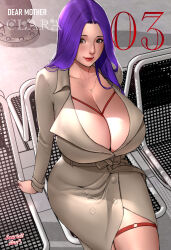 1girl bdsm bound breasts brown_eyes chair cleavage collarbone highres huge_breasts jewelry lips long_hair looking_at_viewer makeup mature_female necklace office_lady original purple_hair red_rope rope scarlett_ann shibari sitting smile solo thigh_strap thighs