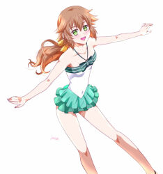 1girl artist_name bow brown_hair cowboy_shot double-parted_bangs eiyuu_densetsu floating_hair frilled_skirt frills green_eyes hair_between_eyes hair_bow hajimari_no_kiseki knees long_hair looking_at_viewer one-piece_swimsuit sen_no_kiseki_(series) simple_background skirt smile solo swimsuit towa_herschel white_background xiacheng_tatsuya