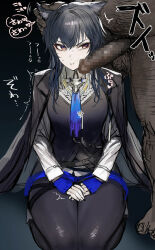 1boy 1girl absurdres anger_vein animal_ear_fluff animal_ears arknights blue_gloves censored clenched_teeth clothed_female_nude_male gloves hand_on_another&#039;s_ear hands_on_own_thighs hetero highres jacket jacket_on_shoulders kneeling mosaic_censoring nude penis penis_on_face solo_focus soystar spoken_anger_vein teeth texas_(arknights) trembling ugly_bastard v-shaped_eyebrows wolf_ears