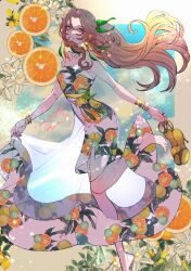 1girl aerith_gainsborough aerith_gainsborough_(citric_dress) bangle barefoot bracelet breasts brown_hair choker cleavage clothes_lift dated dress dress_lift earrings final_fantasy final_fantasy_vii final_fantasy_vii_ever_crisis flower food food-themed_earrings food_print food_themed_earrings fruit fruit_print full_body green_eyes green_ribbon hair_between_eyes hair_ribbon half_updo highres holding holding_footwear holding_unworn_clothes jewelry long_dress long_hair medium_breasts multicolored_nails nail_polish official_alternate_costume orange-shaped_earrings orange-shaped_ornament orange_(fruit) orange_print parted_bangs parted_lips ponytail print_dress ribbon ring see-through_clothes see-through_skirt side_slit sideboob sidelocks skirt smile solo strapless strapless_dress teeth toenail_polish toenails twitter_username wakakusa-e wavy_hair white_flower