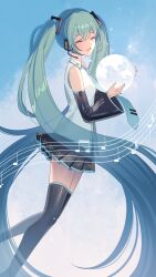 1girl ^_^ absurdly_long_hair aqua_trim bare_shoulders black_skirt black_sleeves black_thighhighs blue_eyes blue_hair blue_nails blue_necktie blue_sky boots closed_eyes collared_shirt day detached_sleeves from_side hatsune_miku headset highres holding_globe long_hair miniskirt necktie outdoors pleated_skirt sheet_music shirt skirt sky sleeveless sleeveless_shirt smile solo standing thigh_boots thighhighs tie_clip twintails umireki very_long_hair vocaloid white_shirt wide_sleeves zettai_ryouiki