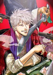 4boys akagi:_yami_ni_oritatta_tensai akagi_shigeru alcohol at_gunpoint at_knifepoint banknote blue_shirt cigarette commentary_request daisangen fukumoto_mahjong gambling glock grin gun handgun haori holding holding_cigarette holding_machete jacket japanese_clothes long_sleeves mahjong mahjong_tile male_focus money multiple_boys purple_scarf red_background red_jacket scarf shirt short_hair smile smoking solo_focus upper_body wataroux weapon whiskey white_hair white_shirt yellow_eyes