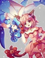 2girls aizawa_mint animal_ear_fluff animal_ears bird_girl bird_wings blue_dress blue_eyes blue_hair blush breasts cat_ears cat_girl cat_tail collarbone dress gloves hair_bun highres looking_at_viewer lying medium_breasts mew_ichigo mew_mint momomiya_ichigo multiple_girls on_back on_side open_mouth orange_hair pink_dress pink_hair red_gloves short_hair smile strapless strapless_dress tail tokyo_mew_mew wings yupo_(yupo4069)