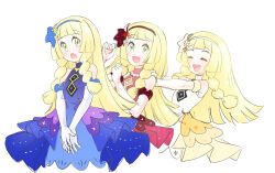 3girls :d :o blonde_hair blue_dress blue_hairband braid closed_eyes dress elbow_gloves gloves green_eyes hairband highres lillie_(anniversary_2021)_(pokemon) lillie_(anniversary_2024)_(pokemon) lillie_(pokemon) looking_at_viewer multiple_girls multiple_persona nintendo official_alternate_color official_alternate_costume open_mouth pokemon pokemon_masters_ex red_dress red_hairband sleeveless sleeveless_dress smile twin_braids u4_99384295 white_background white_dress white_gloves white_hairband