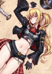 Rule 34 | 1girl, adsouto, arm up, beach, belt, black gloves, blonde hair, breasts, collarbone, cropped jacket, cropped shirt, gloves, half gloves, helmet, highres, jacket, leather, leather jacket, long hair, looking at viewer, luciana de montefio, lying, mask, medium breasts, navel, on back, red eyes, respirator, sand, shirt, short shorts, shorts, side ponytail, signature, solo, torn clothes, torn shirt, unworn headwear, unworn helmet, variant set, very long hair, zenless zone zero