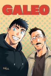 Rule 34 | 2boys, bara, billy russell (dickfish), black hair, blue eyes, brown background, brown hair, cigarette, dickfish (fishismdick), facial hair, glasses, grin, highres, john rottweil (dickfish), looking at viewer, male focus, mature male, multiple boys, mustache, original, portrait, selfie, short hair, sideburns, smile, star (symbol), star symbol background, stubble, thick eyebrows, undercut, upper body, yarofes:2023