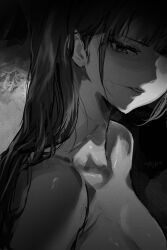 Rule 34 | 1girl, collarbone, commentary, english commentary, greyscale, half-closed eye, highres, honkai (series), honkai impact 3rd, implied nudity, long hair, looking at viewer, monochrome, nyeppu, parted lips, portrait, raiden mei, raiden mei (apho), signature, solo