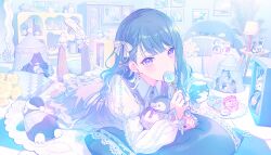 1girl absurdres bird blue_dress blue_eyes blue_hair candy cup dress food highres kiritani_haruka lollipop looking_at_viewer lying on_stomach penguin project_sekai solo vocaloid